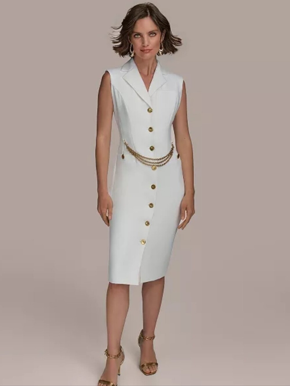 Donna Karan New York NWT White Gold Button Vest Maxi Dress Size 14 $199 No Chain